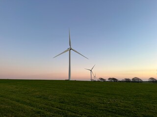 wind turbines farm on a sunny evening