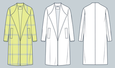Unisex Coat technical fashion Illustration. Yellow plaid Coat, Outerwear fashion flat technical drawing template, midi length, long sleeve, front, back view, white, women, men, unisex CAD mockup set.