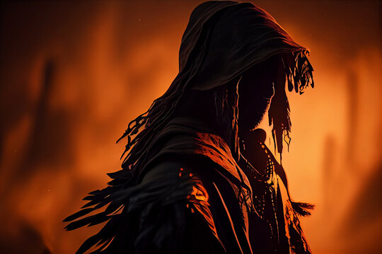 Dark pagan shaman fantasy sunset silhouette. Unrecognizable silhouette of shaman in hoods enlightened