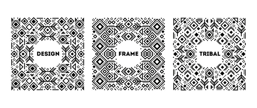 Vector set of tribal cover templates, decorative aztec borders, geometric ethnic frames. Black and white art decoration shapes set. 