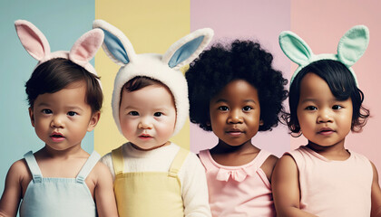 Group of children in bunny ears on a colored background easter illustration. Generative AI.
