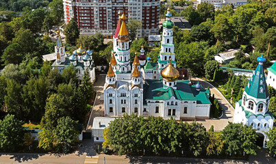Fototapeta na wymiar Our Lady Bogolubskaya church and St. Nicolas church. City of Pushkino, Moscow region, Russia