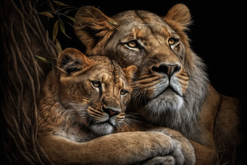 Obraz na płótnie Canvas portrait of a lion with its cub with black background