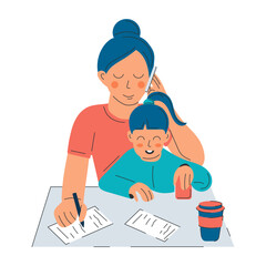 Female freelance worker with child at workplace.  Concept of opportunity on the work during motherhood