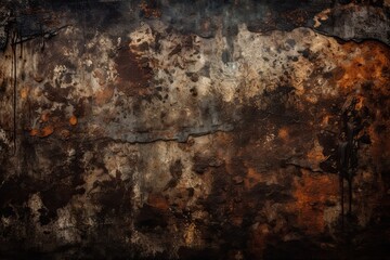 Dark and Worn Grunge Background Texture: Old, Rust-Covered Paper, Metal or Concrete Wall with Rough, Dirty Surface, Generative AI