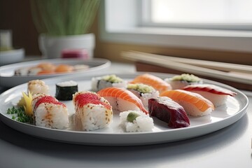 Epicure of Japan: Close-up of White Table, Sushi Set and Delicious Seafood Sashimi, Generative AI