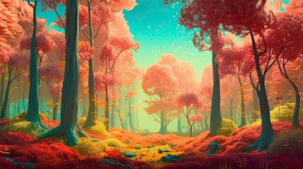 Obraz na płótnie Canvas Fantastic Fairyland Forest with Tall Trees basking in the Spring Sunlight, Generative AI