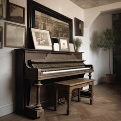 Fototapeta na wymiar Melody in the Room: An Old Antique Piano and Its Musical Reflection on the Wall. Generative AI