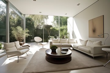 Modern Home in the Millenium: A Garden Living Room with Warm White and Khaki Interior. Generative AI