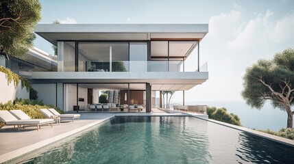 Modern Luxury Property: Contemporary Villa with Garden, Pool and Sea View, Generative AI