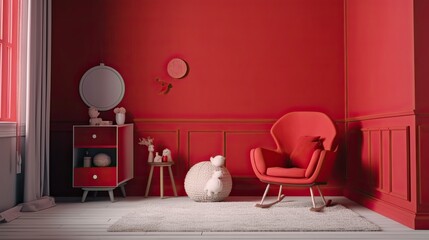 Red Armchair and Window Enliven Scandinavian-Style Children's Bedchamber with Minimalist Furniture and Home Decor Template, Generative AI