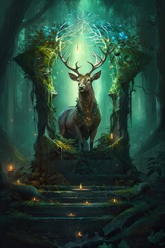 Legendary Elk Shrine: Ancient Animals Brought to Life In a Fantasy Green Galaxy Painting. Generative AI