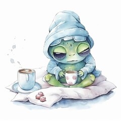 cute sleepy frog war night cap and pajama holding cup - Generative AI