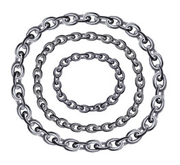 Metal chains creatively shape a circular frame in 3D rendering. Silver chain frame. Chrome metal. 