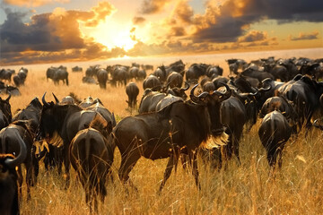 Wildebeest antelopes in the savannah - obrazy, fototapety, plakaty