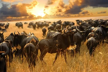 Stof per meter Wildebeest antelopes in the savannah © Oleg Znamenskiy