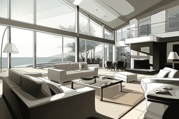 Fototapeta na wymiar Illustration of modern light apartment with big windows. Generative AI