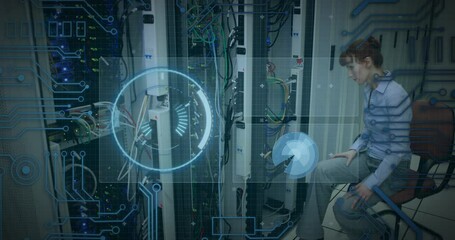 Animation of scope scanning and data processing over caucasian it woman computer server - Powered by Adobe