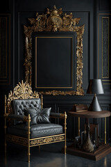 Luxurious Black and Gold Room with Frame Mockup with Leaves and Ornaments Generative AI