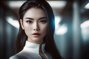 Fototapeta na wymiar Illustration of a portrait of a Korean girl created as a generative artwork using AI.