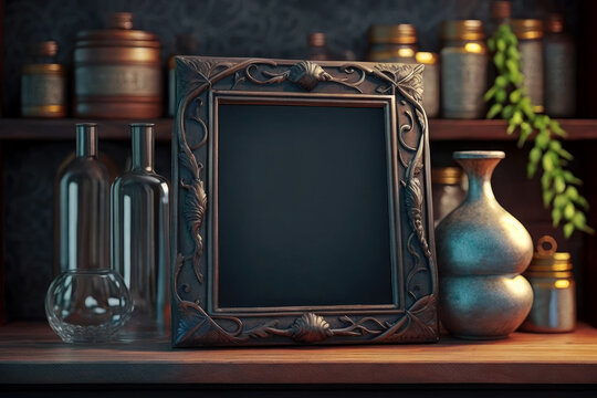 Classic Wooden Shelf with Picture Bronze Frame Mockup and Bottles Generative AI