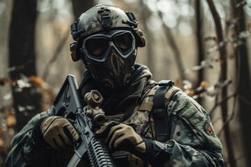 Fototapeta premium Masked and armed soldiers in ambush, soldier in full gear -created with Generative AI technology