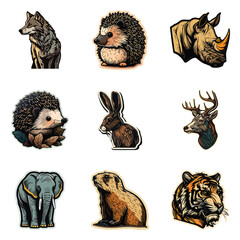 Animals Stickers Flat Icon Set Isolated On White Background