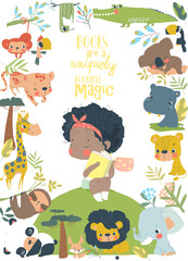 Little Girl reading Book with Cartoon Animals. Vector Illustration