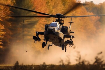 A Helicopter takes off, a helicopter in the forest, a military helicopter in the air - created with Generative AI technology