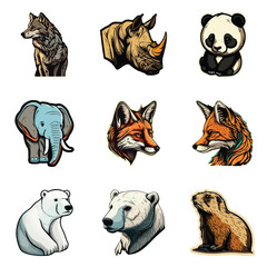 Animals Stickers Flat Icon Set Isolated On White Background