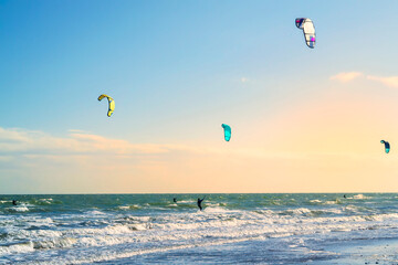 Summer, surfers practicing kitesurfing, Blue tones horizontal. Unrecognizable face and markings.