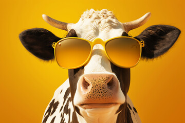 Cow in sunglasses in summer heat on yellow background. Generative AI. - obrazy, fototapety, plakaty