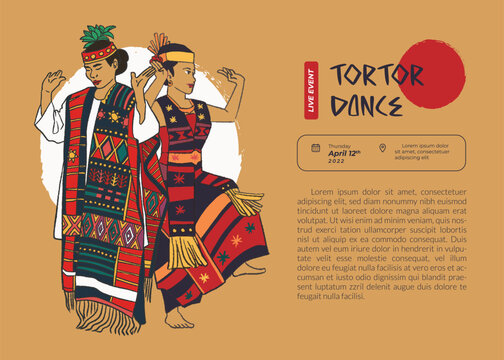 poster tortor dance famous traditional dance of indonesia culture sumatera regency hand drawn background