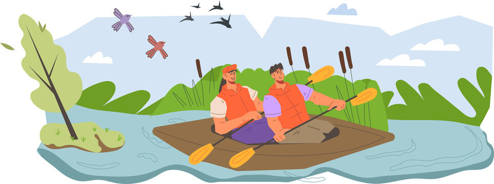 Traveling on the river in a kayak or canoe. People in kayak boat on river or lake. Water activities and sports, tourism and adventure.