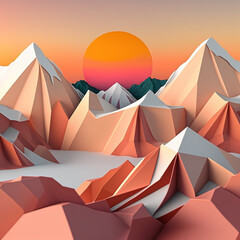 Fototapeta na wymiar Frosty Peaks Twilight - Snow-capped mountains, sunset hues, paper art