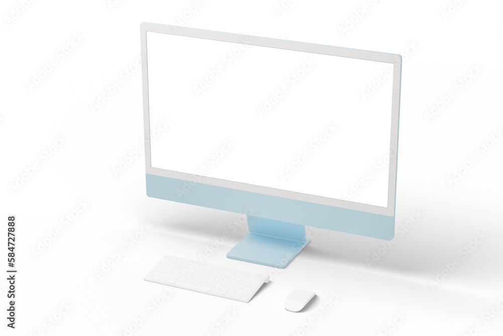 Aufkleber Modern transparent blue display with isolated screen for web page presentation. Keyboard and mouse beside