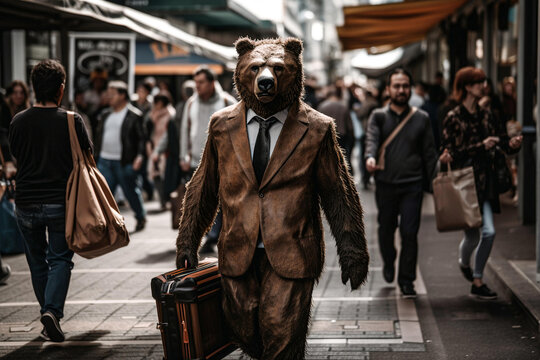 Business brown bear in suit going to work, made using Generative AI