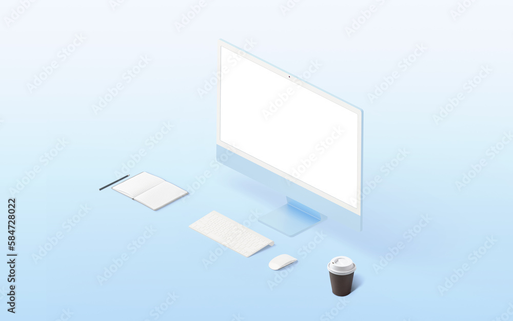 Poster isometric work desk with computer display, keyboard, mouse, pad, pen and coffee mug. isolated screen