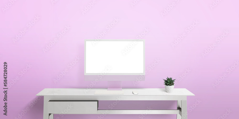 Fototapete Computer display on white work desk with isolated screen for web page presentation. Pink wall with copy space in background