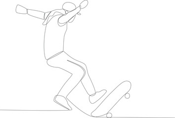 A man jumping on a skateboard. Skateboarding one-line drawing
