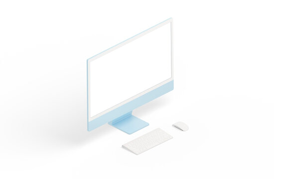 Transparent modern computer display, keyboard and mouse. Isometric position. Isolated screen for mockup