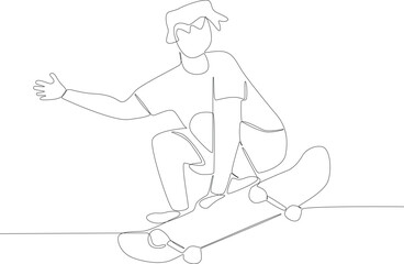 A man sitting on a skateboard. Skateboarding one-line drawing