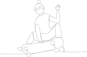 Sitting woman holding skateboard. Skateboarding one-line drawing