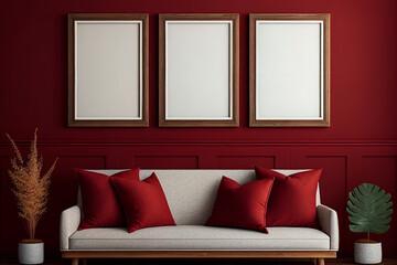 Modern red room in apartment with three empty big poster in frame. Contemporary maroon frontal 3d interior with furniture: sofa, pillows, plants. Generative AI - 584728629