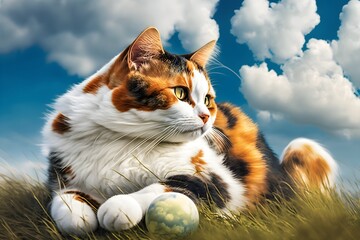 Calico cat on the grass with ball over cloudy blue sky