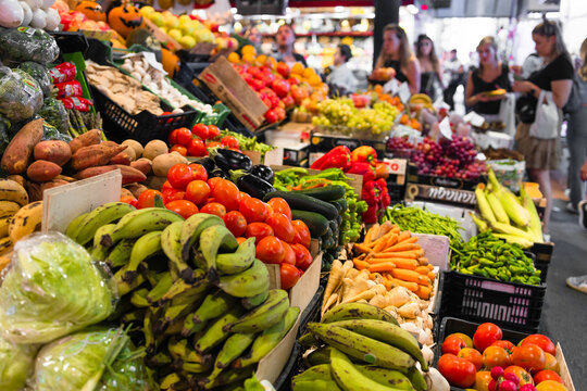 Fruits and vegetables stall in La Boqueria, the most famous market in Barcelona. One of the oldest markets in Europe that still exist. Established 1217. High quality photo