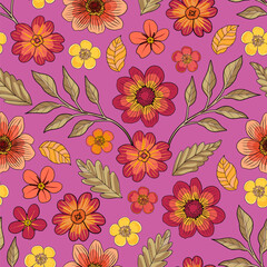 Hand drawn folk blooms seamless pattern for fabric, wallpaper, stationery, print or notebook cover.