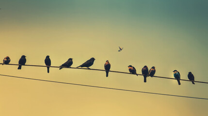 "A group of birds perched on a telephone wire, creating a picturesque and charming scene