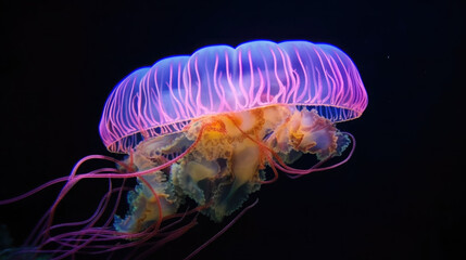 Observe a free-swimming marine coelenterate known as a jellyfish up close in a fish tank illuminated by neon lighting. These creatures have bell- or saucer-shaped, jelly-like 