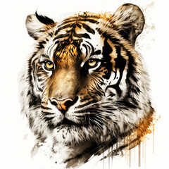 Tiger head portrait painting stylized illustration on white background. Generative AI.